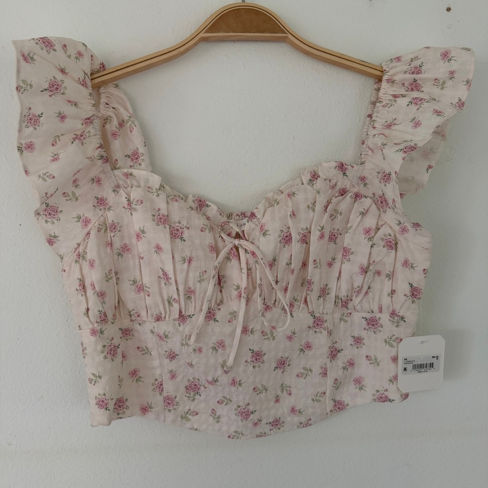 Altar'd State Pink Rose Floral Ruffle Crop Top Smocked Back Sz M New Cottagecore
